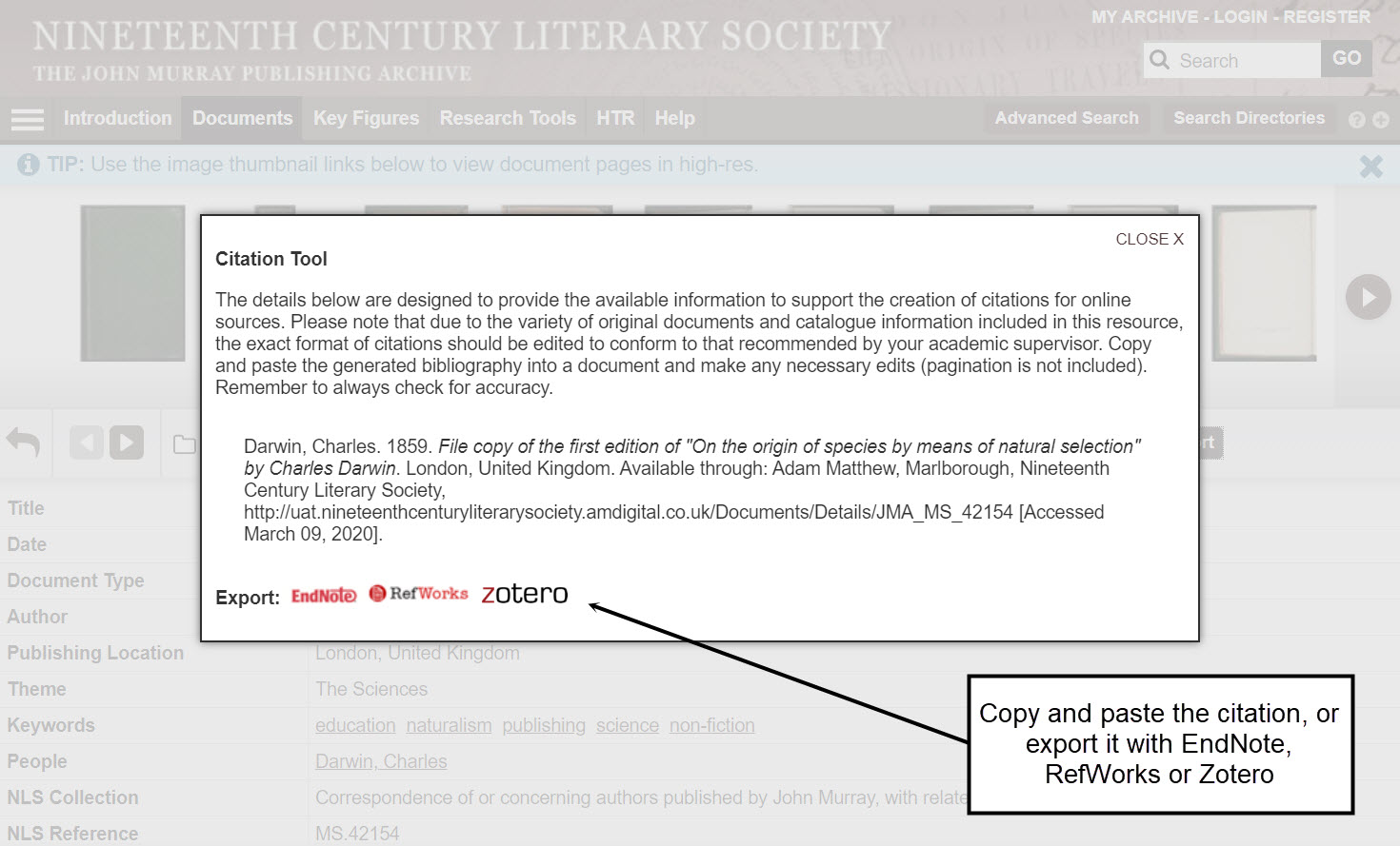 Screenshot showing the citation tool, with an annotation reading 'Copy and paste the citation, or export it with EndNote, Refworks or Zotero'